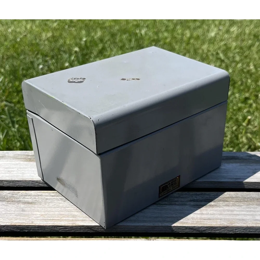 Vintage Flash Ling Gray Steel Index Card File Box Hinged Lid USA‎ Heavyweight
